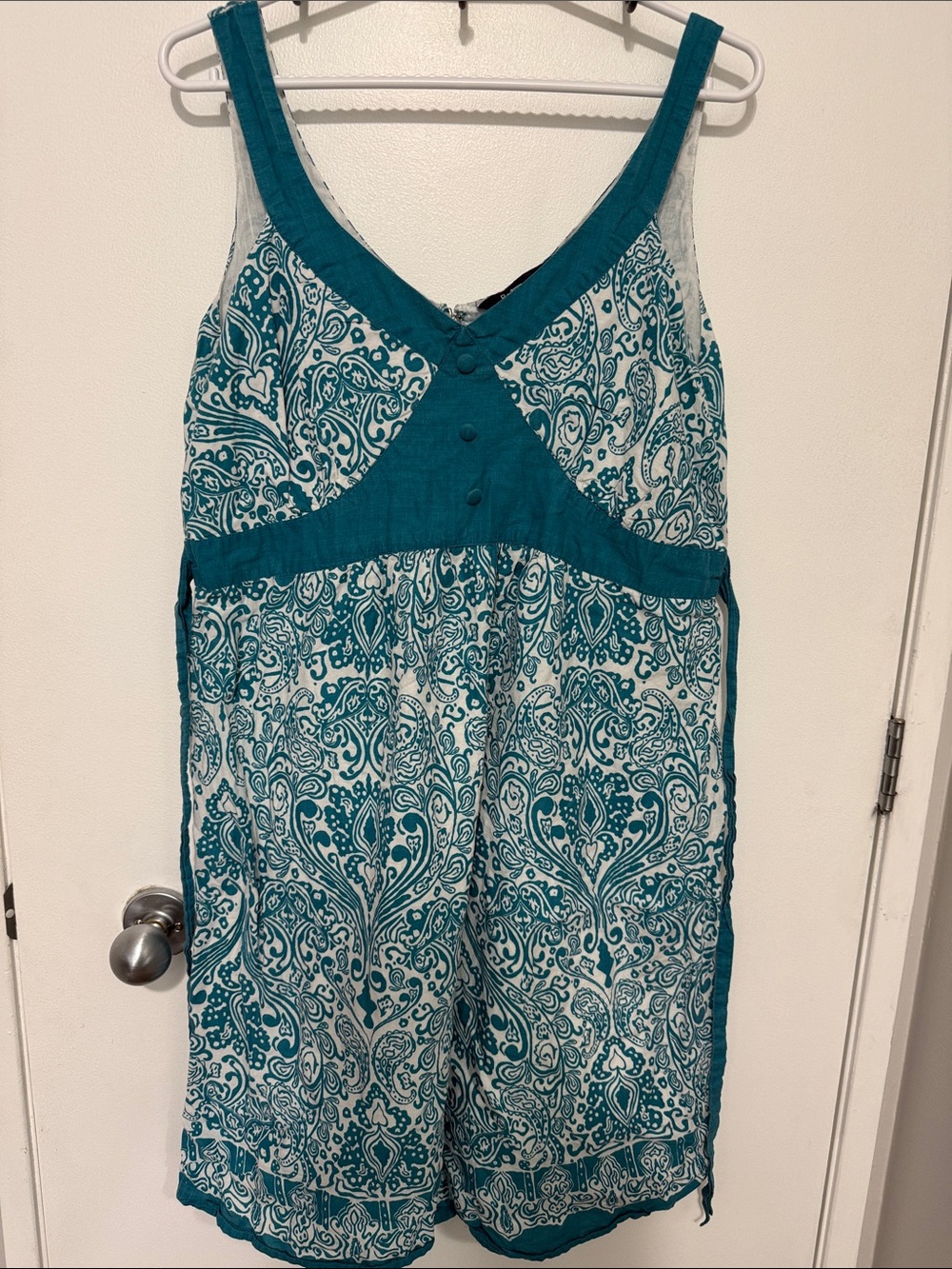 Reitmans Teal and White Paisley Midi Dress with Button Front